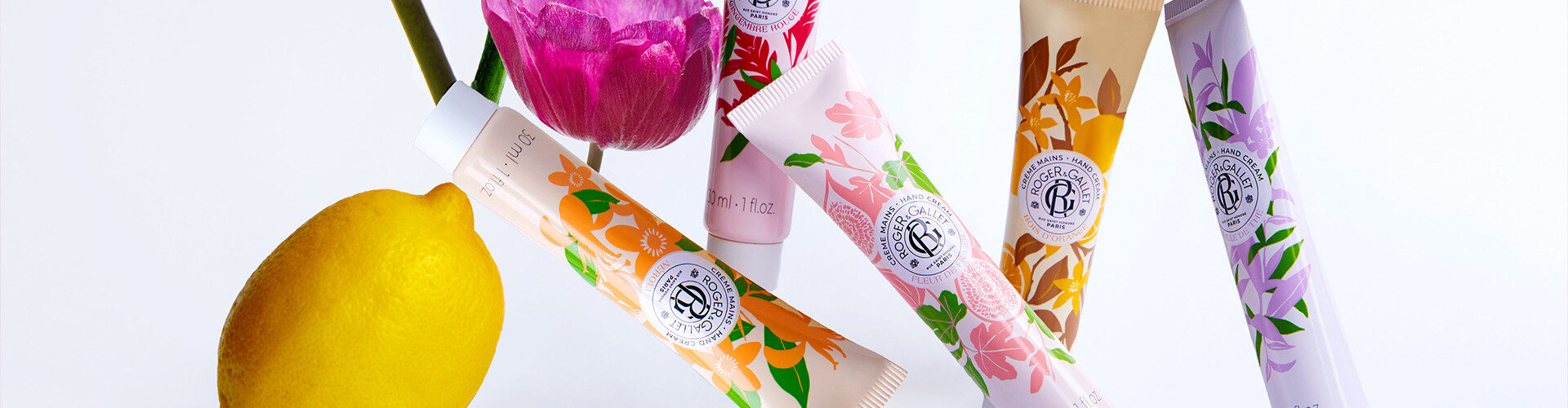 Colección de cremas de manos Roger & Gallet con diferentes fragancias naturales